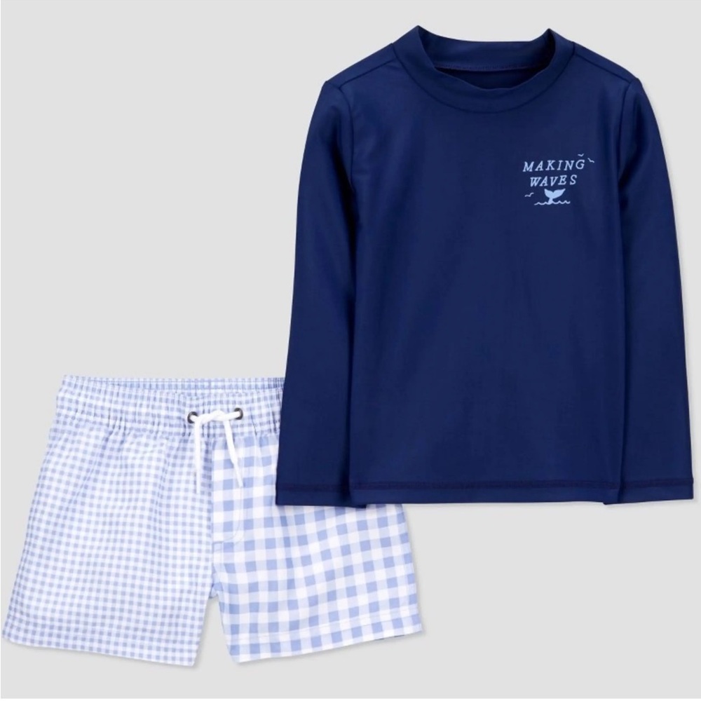 CARTER’S Navy Rash Guard and Gingham Shorts Swim Set